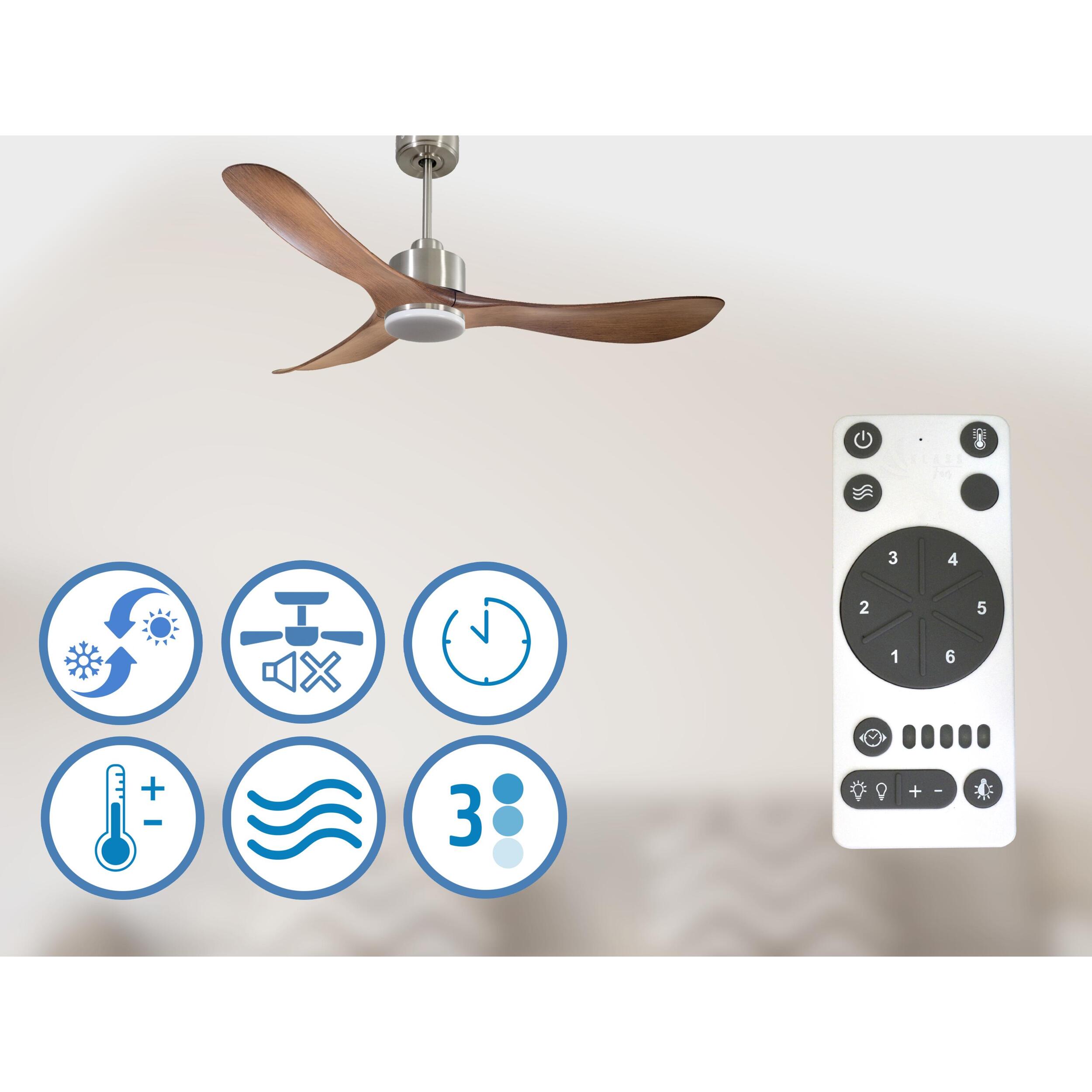 Ventilateur de plafond Réversible  Thermostat Dimmable Wifi Moteur à courant continu Toits en pente Télécommande Lumière à trois tons Hypersilence Mémoire