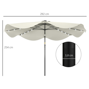 Sombrilla de Jardín Ø292x254 cm 32 Luces LED Solares Parasol de Terraza Manual Inclinable hasta 45° con 8 Varillas Impermeable y Rejillas de Ventilación para Patio Balcón Crema