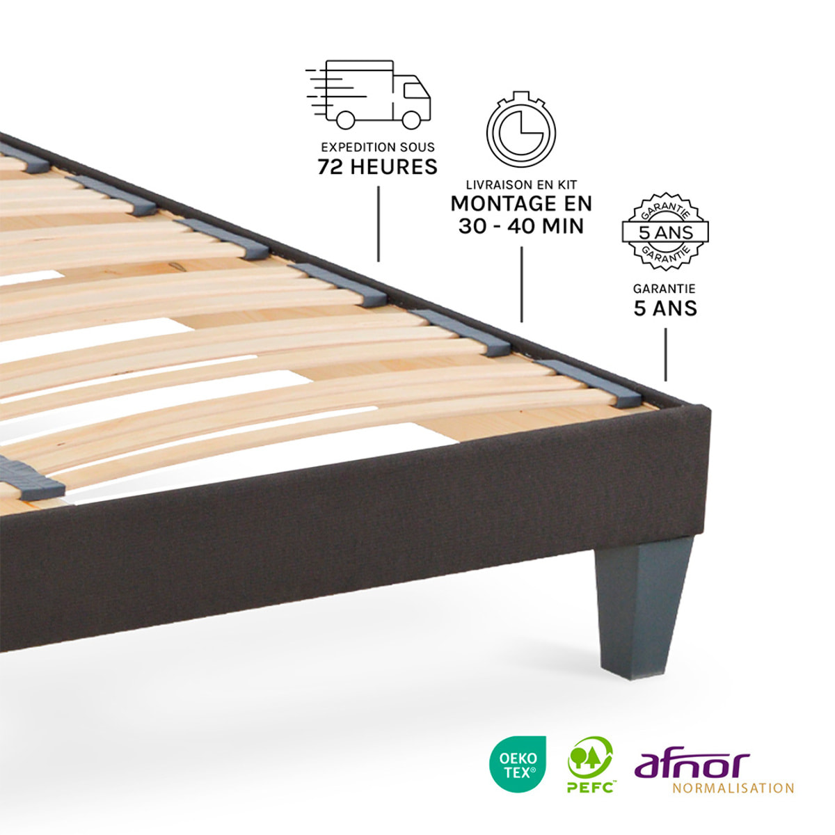 Sommier en Kit tri-lattes| Pin massif & Tissu Gris Anthracite