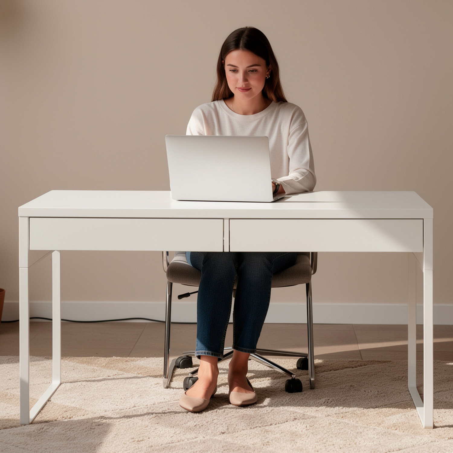 Scrivania Ufficio Home Office Studio Design Moderno Tavolo Lavoro Computer Cassetti Arredo Casa Professionale Ampia Superficie 138 x 50 x 75 Cm Bianco