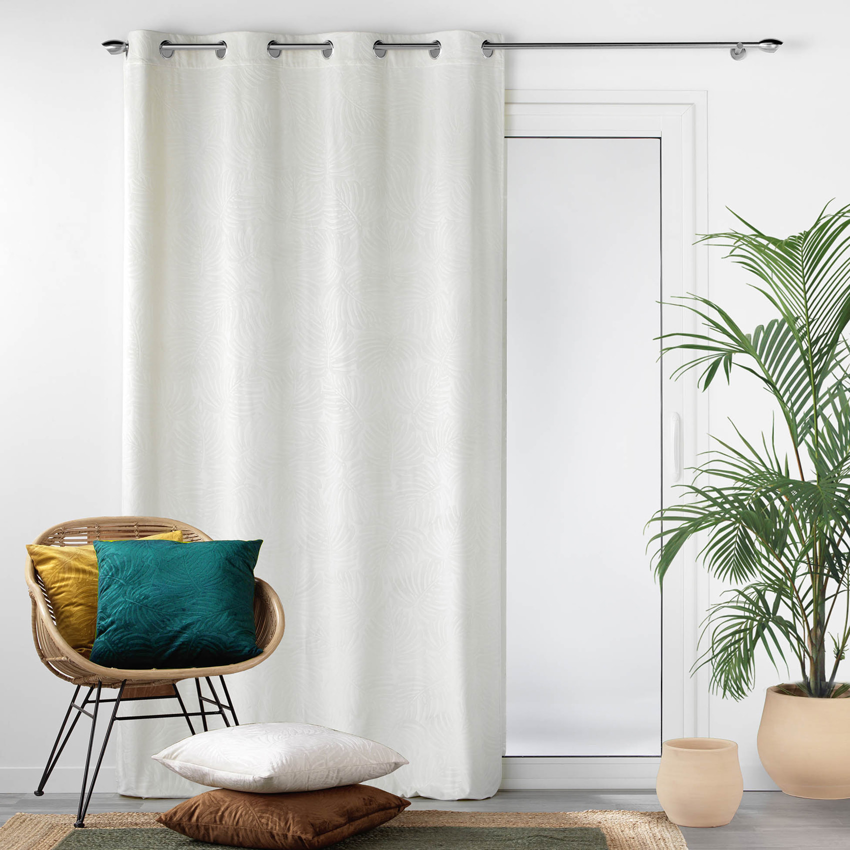 Rideau occultant en velours feuilles de monstera - Naturel