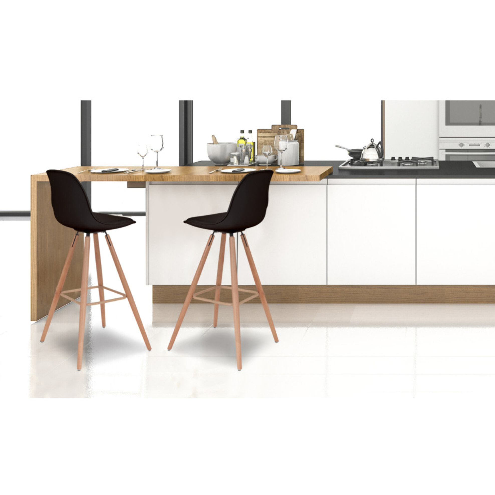 Tabourets de bar Oslo assise similicuir noir et pieds bois