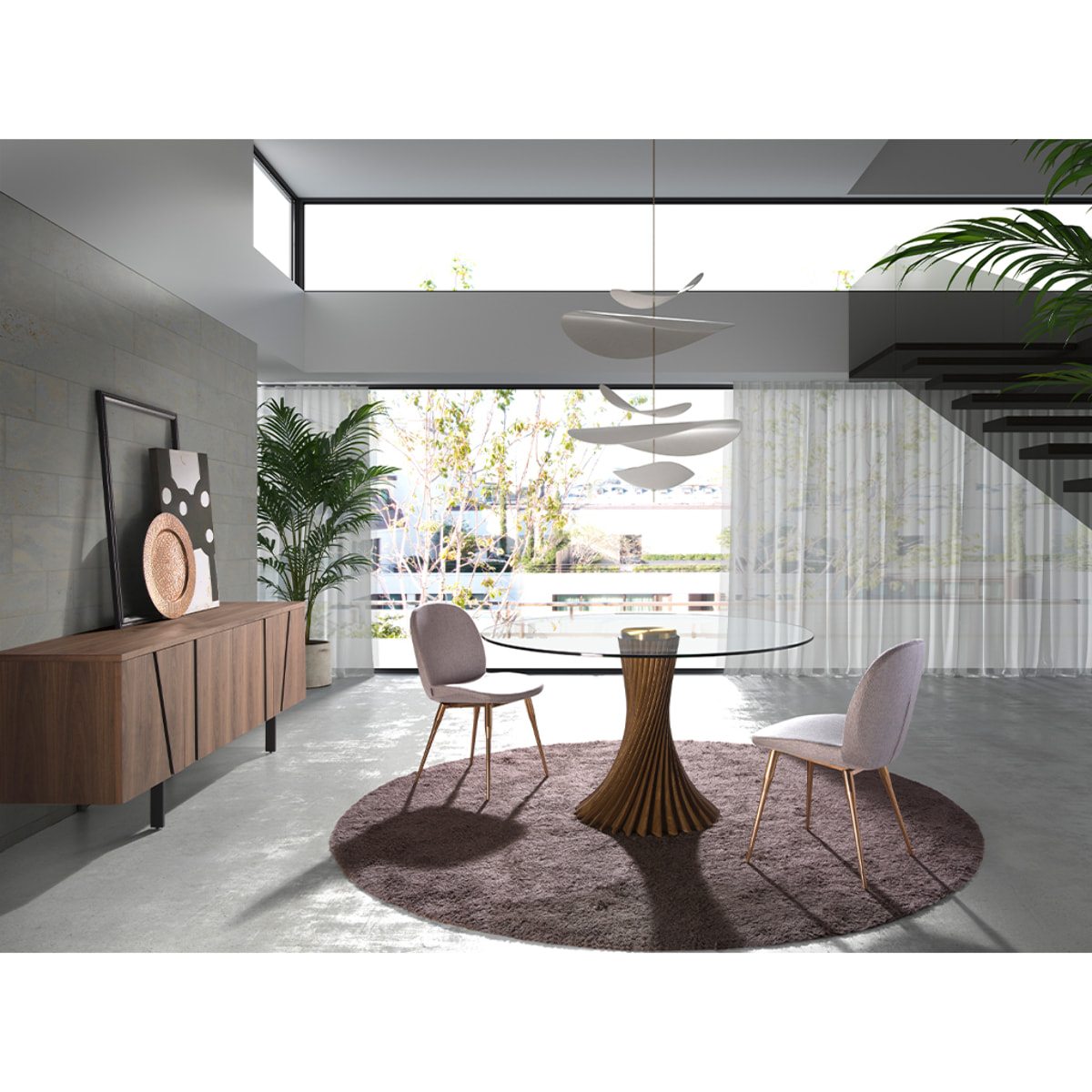 Mesa comedor redonda con tapa fija de cristal templado patas de madera en nogal 130x130x76cm