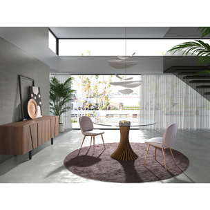 Mesa comedor redonda con tapa fija de cristal templado patas de madera en nogal 130x130x76cm