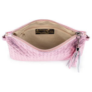 Oleggio bolso bandolera mujer. Piel auténtica Gamuza con grabado entrelazado y lacada brillante.