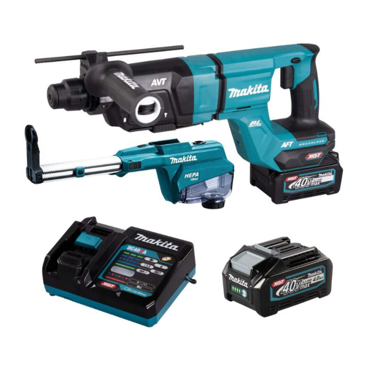 Perforateur-burineur SDS-PLUS 40V max Li-Ion - 28 mm XGT avec kit d'aspiration - MAKITA - avec 2 batteries 40V 4.0Ah - chargeur - coffret - HR007GM202