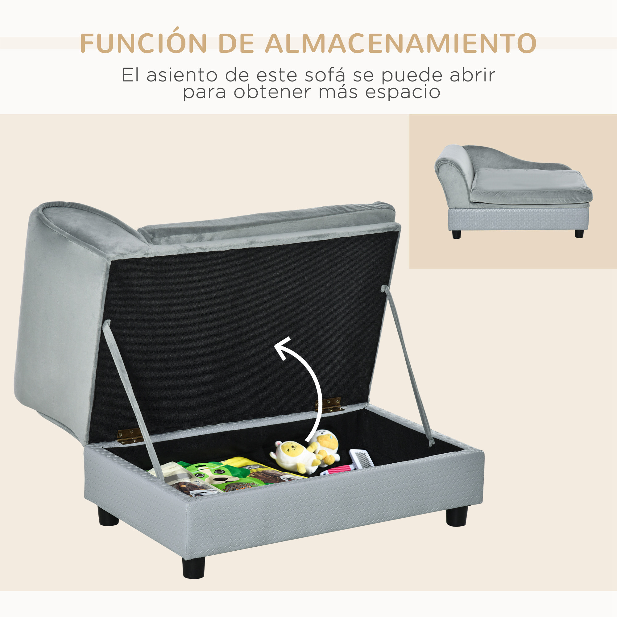 Sofá para Perros Pequeños Sofá para Gatos Tapizado en Terciopelo con Almacenaje Oculto y Cojín Lavable Carga 10 kg 76x45x43 cm Gris Claro
