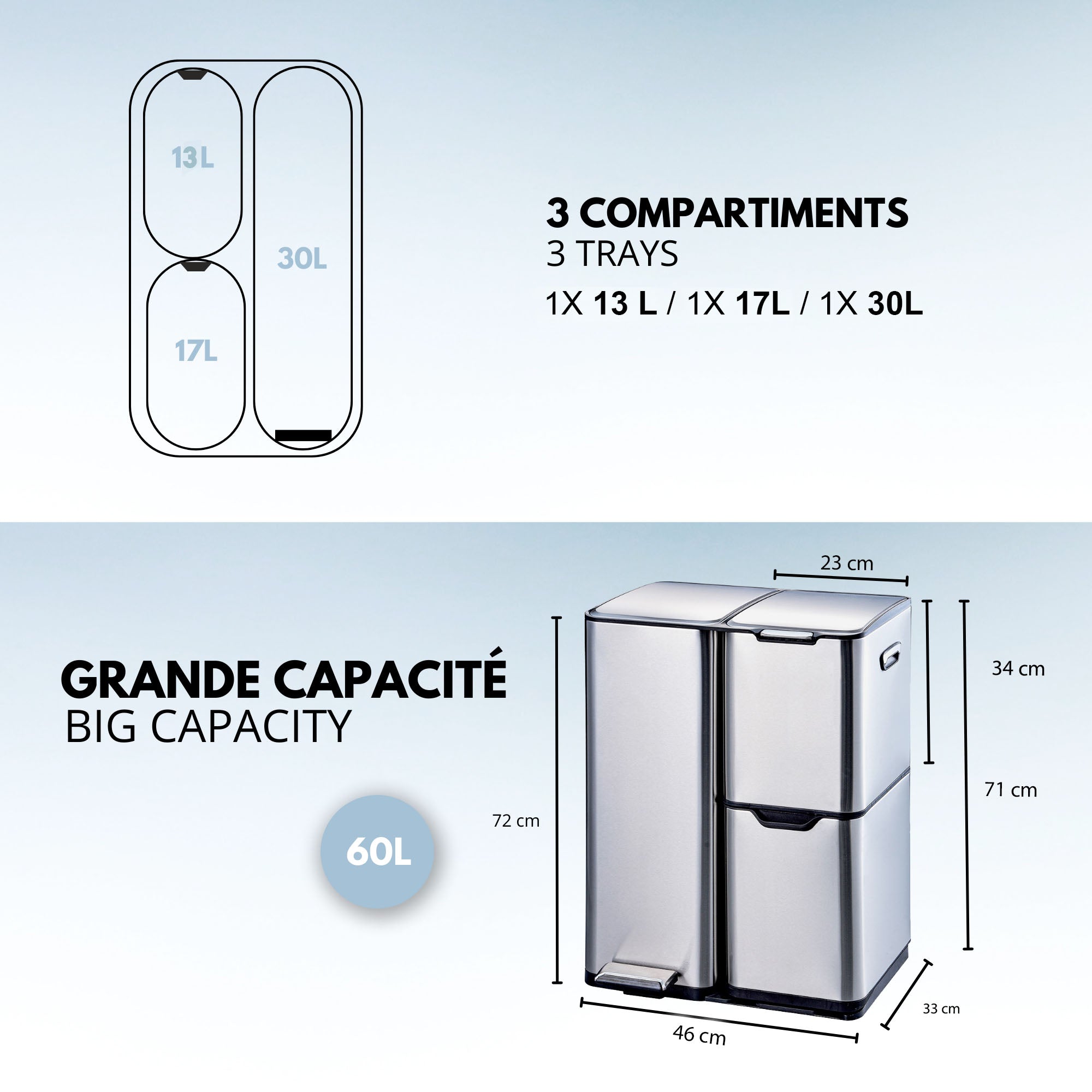 Poubelle pédale tri sélectif HAJA argent 60L