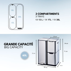 Poubelle pédale tri sélectif HAJA argent 60L