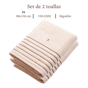 Set de 2 toallas de ducha (150x90), 100% algodón, 470gsm en beige con raya marrón, scalpers home