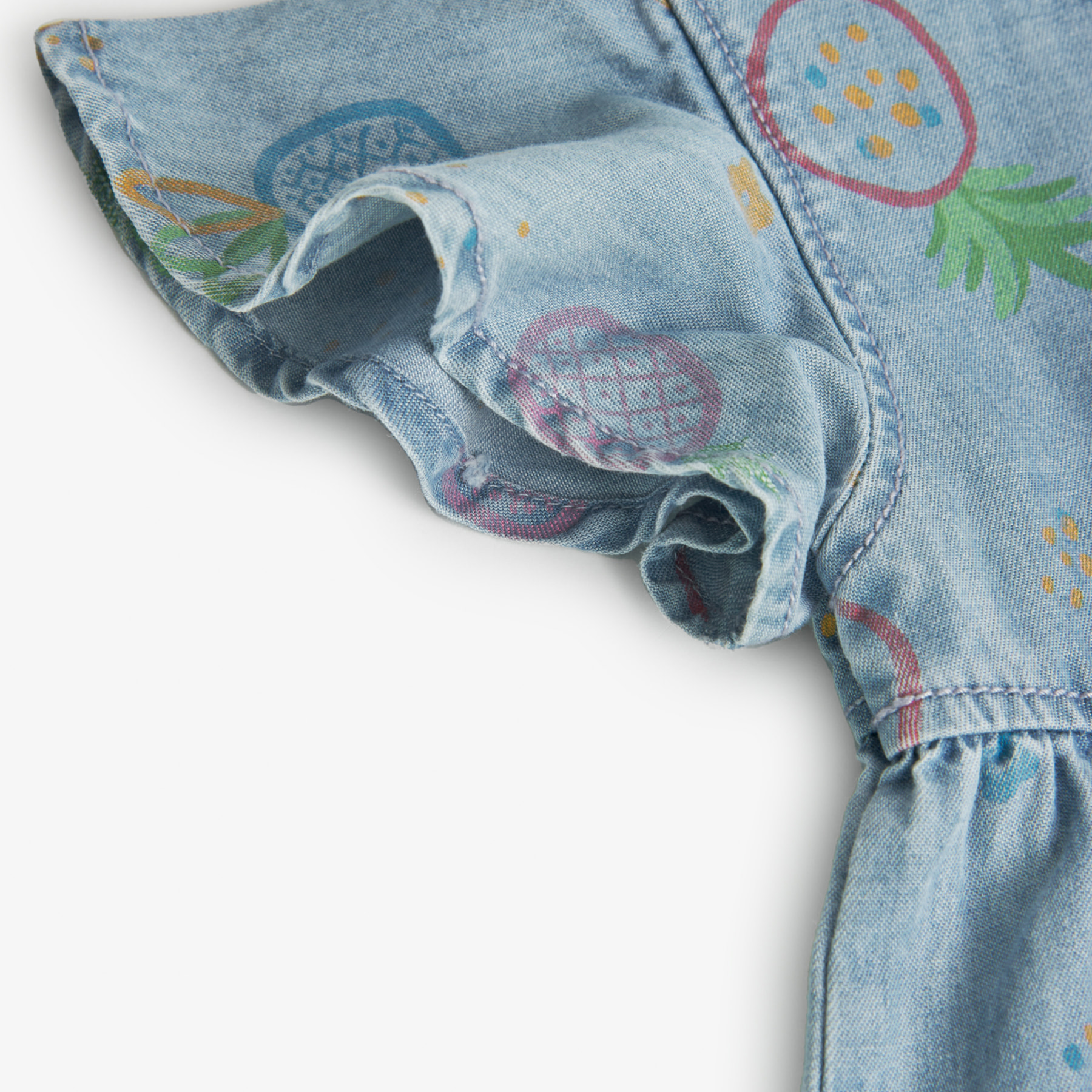 Vestido denim estampado niÃ±a, algodÃ³n, mangas cortas, verde