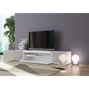 Mobile da soggiorno Porta TV, Made in Italy, Supporto per TV da salotto a 3 ante e ripiani, cm 200x40h37, colore Bianco lucido, con luce LED blu