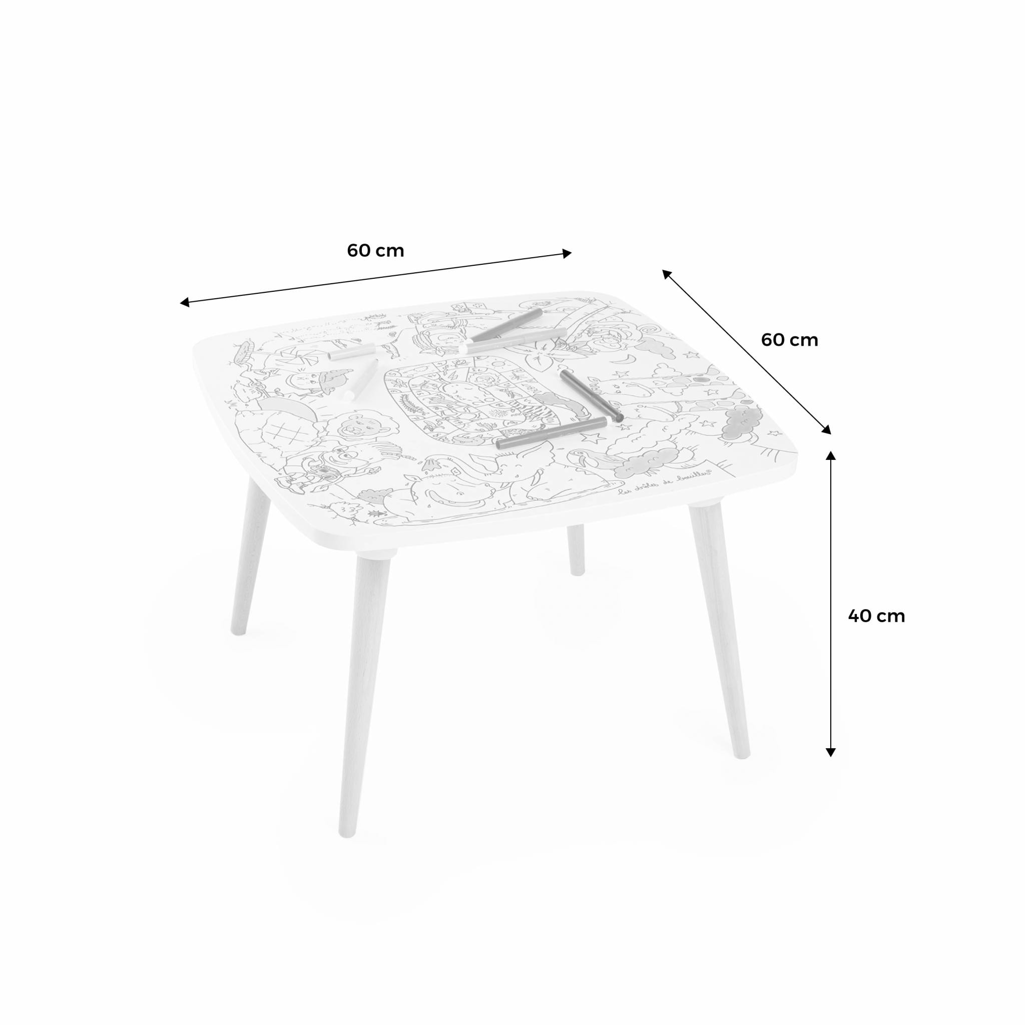 Table enfant à colorier La ferme en folie – Coloritable Les drôles de bouilles. Made in Europe. effaçable. 60x60cm. pieds ronds en bois. feutres fournis