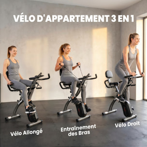 Vélo d'appartement pliable 3-en-1 classique semi-allongé bandes de résistance noir