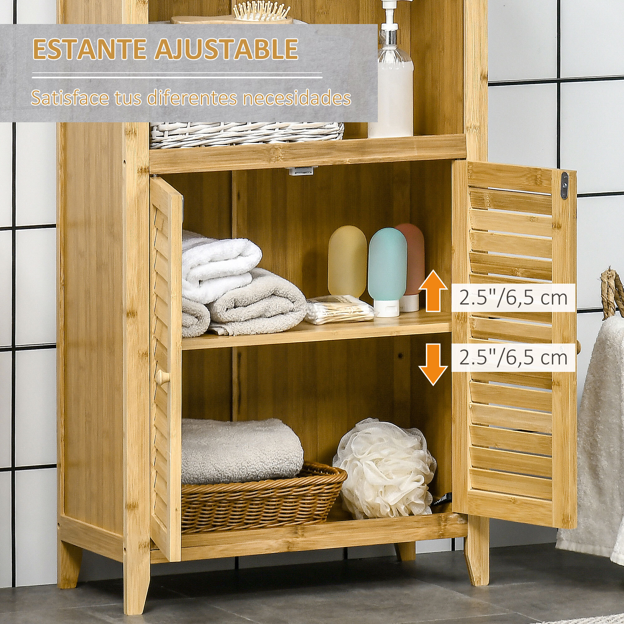 Armario Auxiliar de Baño de Bambú Armario de Suelo de Baño con 2 Puertas Compartimiento Abierto y Estante Ajustable 50x25,5x92 cm Natural