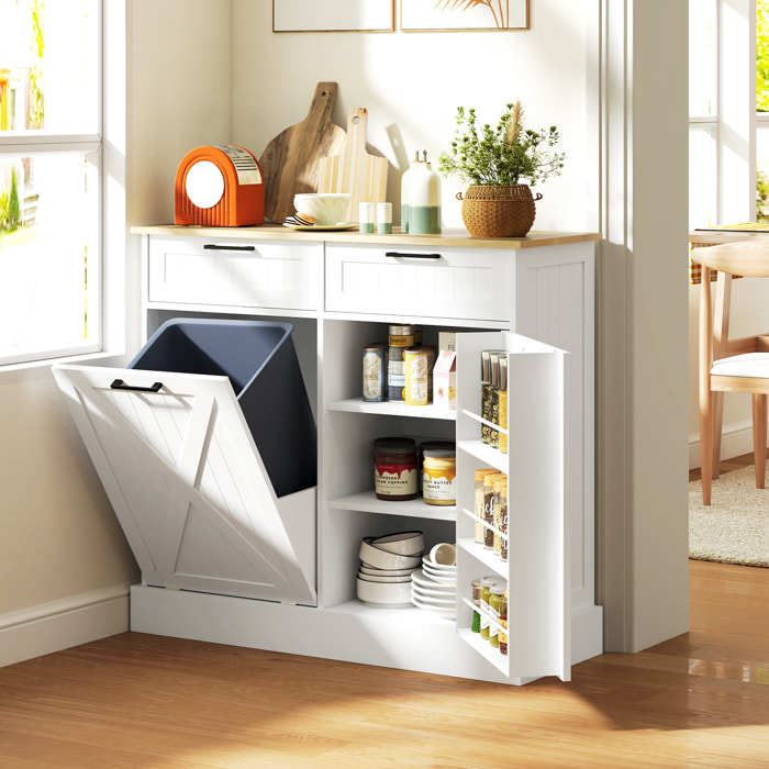 Buffet cuisine meuble poubelle 38L - porte, 2 étagères, 2 tiroirs, porte-épices - effet bois clair blanc