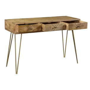 Console avec rangements 3 tiroirs en bois manguier massif gravé et métal doré L120 cm LINIUM