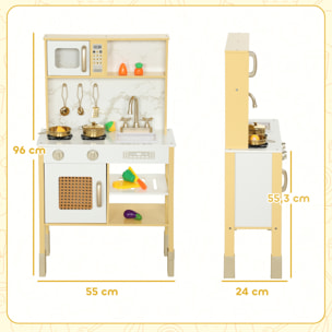 Cocina de Juguete de Madera con Sonido, Cocinita Infantil con Accesorios de Acero Inoxidable, Microondas, Horno, Fregadero, Verduras para Cortar, para Niños a Partir de 3 Años, Dorado