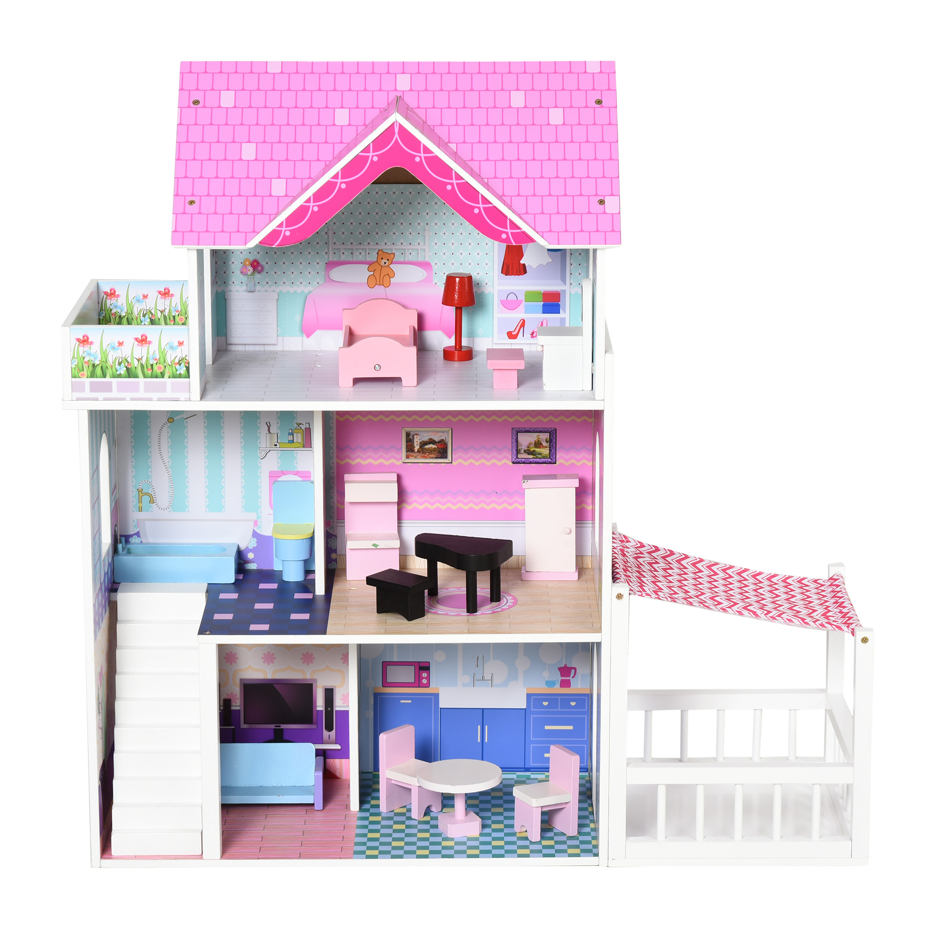 HOMCOM Casa delle Bambole in Legno per Bambini 3+ Anni con 12 Accessori, Tre Piani, Cortile e Arredamento, Rosa