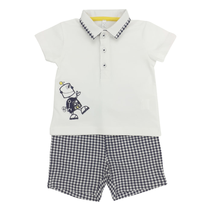 SET POLO JERSEY BIANCO PROFILI VICHY E SHORT VICHY BIANCO BLU