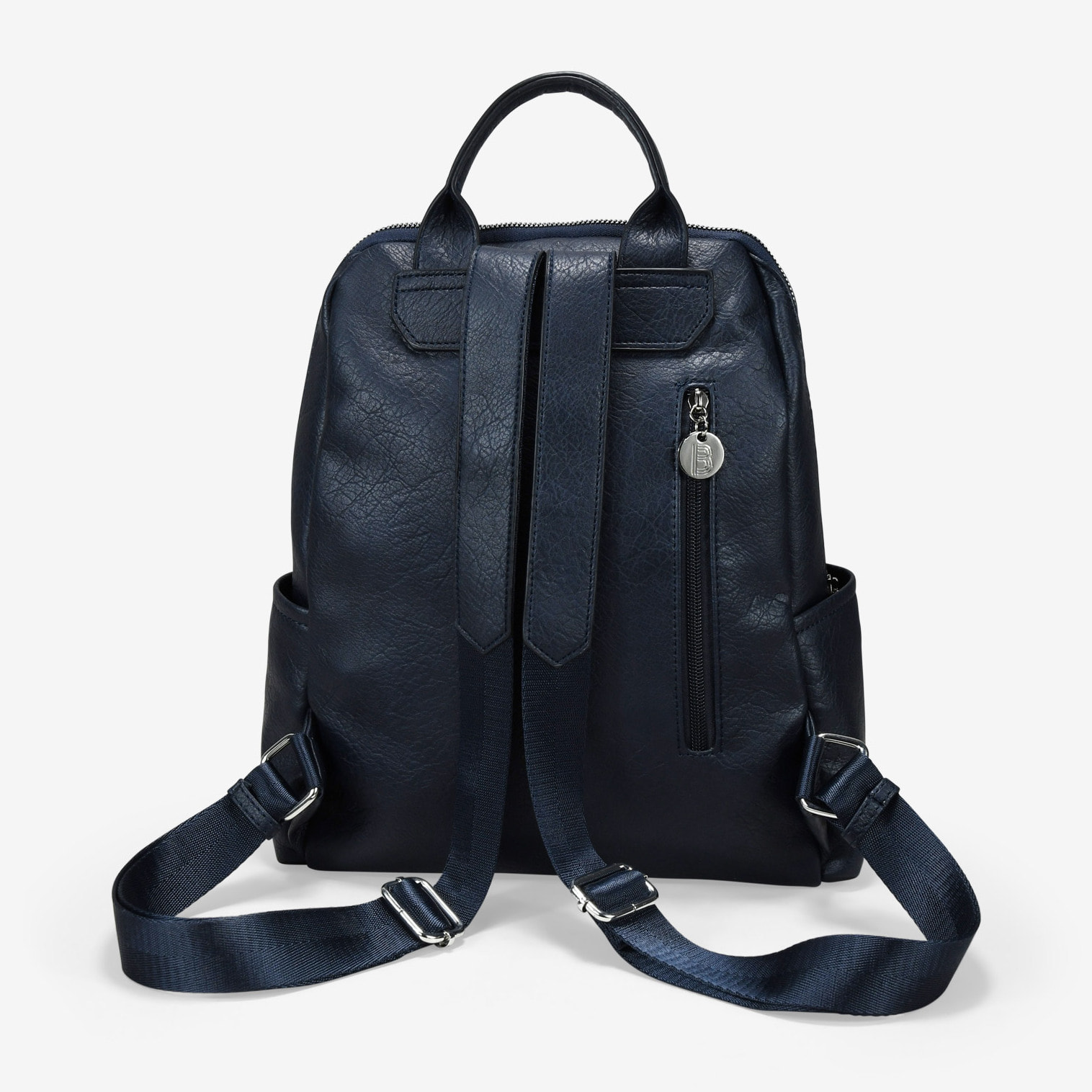 Mochila azul con cremallera y bolsillos laterales