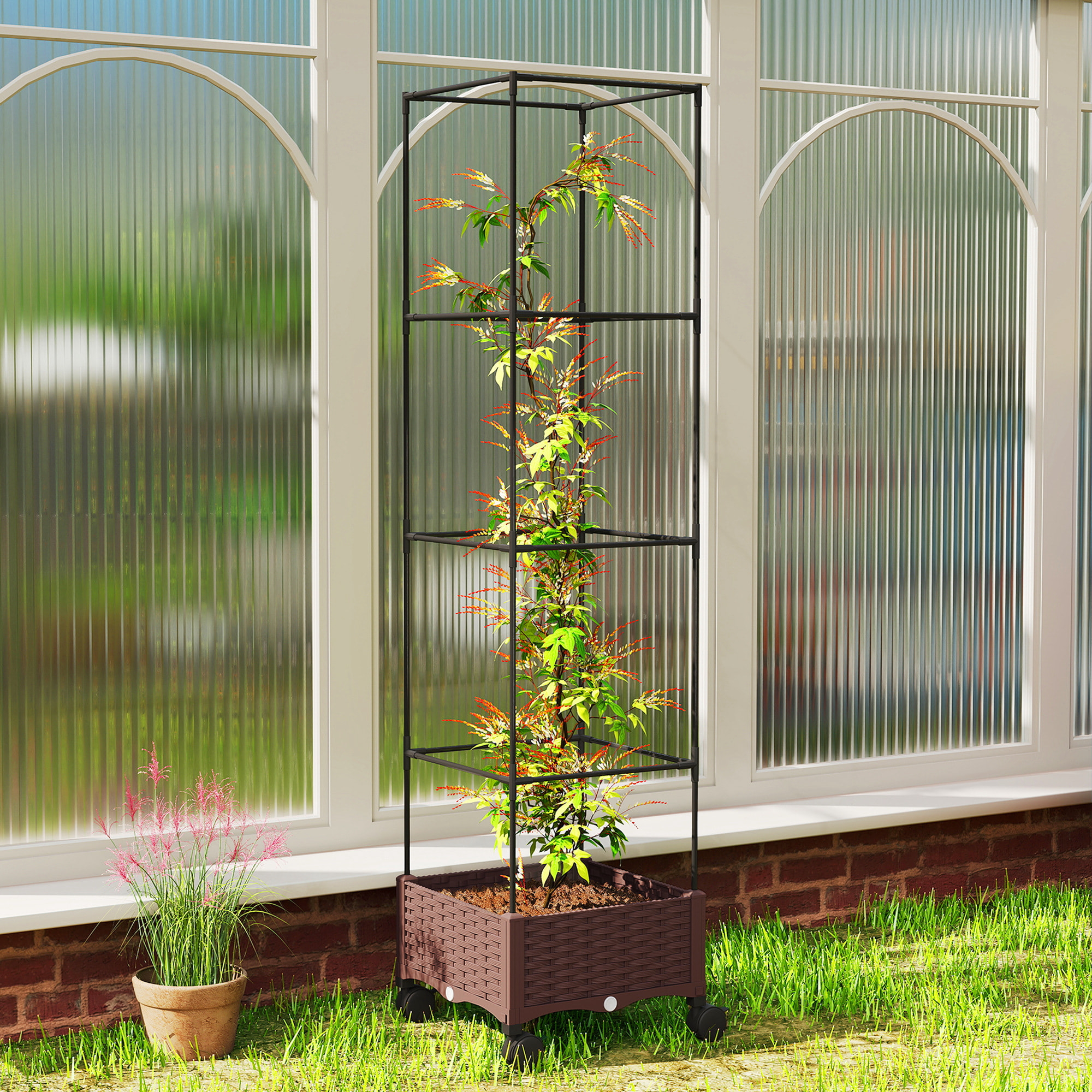 Jardinera con Enrejado Ajustable, Jardinera Exterior con Ruedas Bloqueables para Plantas Trepadoras con Ofricios de Drenaje, Macetero Elevado para Jardín, Patio, Terraza, 40x40x165 cm, Marrón