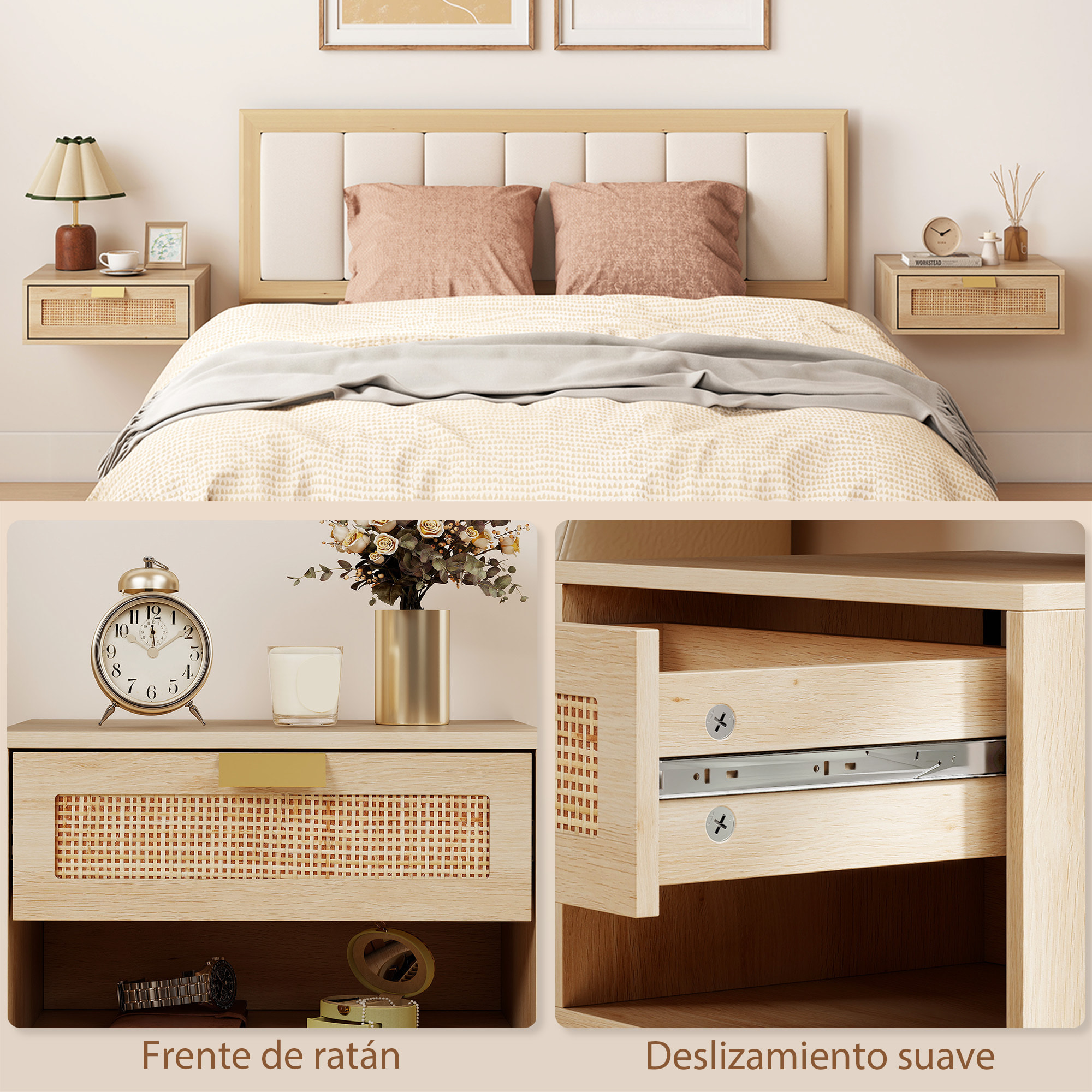 Juego de 2 Mesitas de Noche Flotantes, Mesillas de Noche Dormitorio con Cajón de Ratán, Ahorra Espacio, Diseño Moderno, para Sala de Estar, 40x30x15 cm, Roble