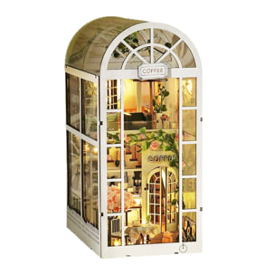 Casa de flores de café. Book Nook de madera, diseño 3D realista con gran detalle y luces led.