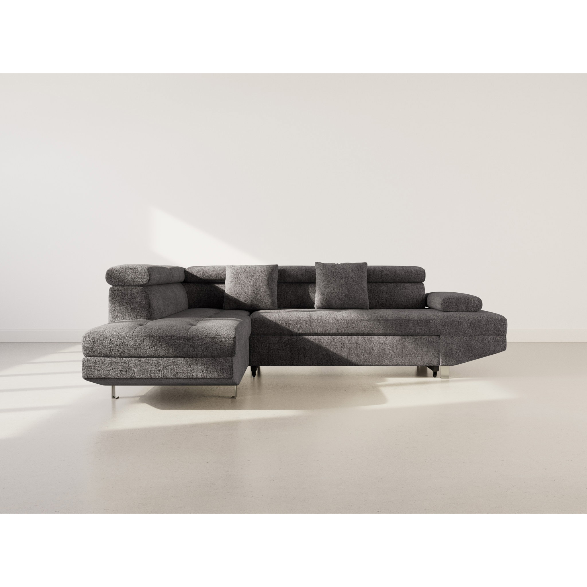 Margaux - Canapé d'angle gauche 5 places convertible avec coffre et têtières réglables en velours texturé - Gris