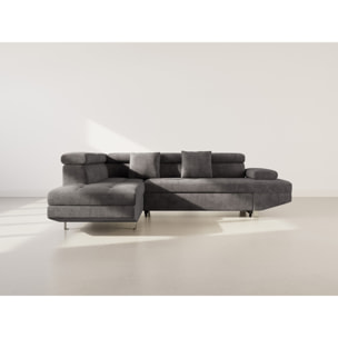 Margaux - Canapé d'angle gauche 5 places convertible avec coffre et têtières réglables en velours texturé - Gris
