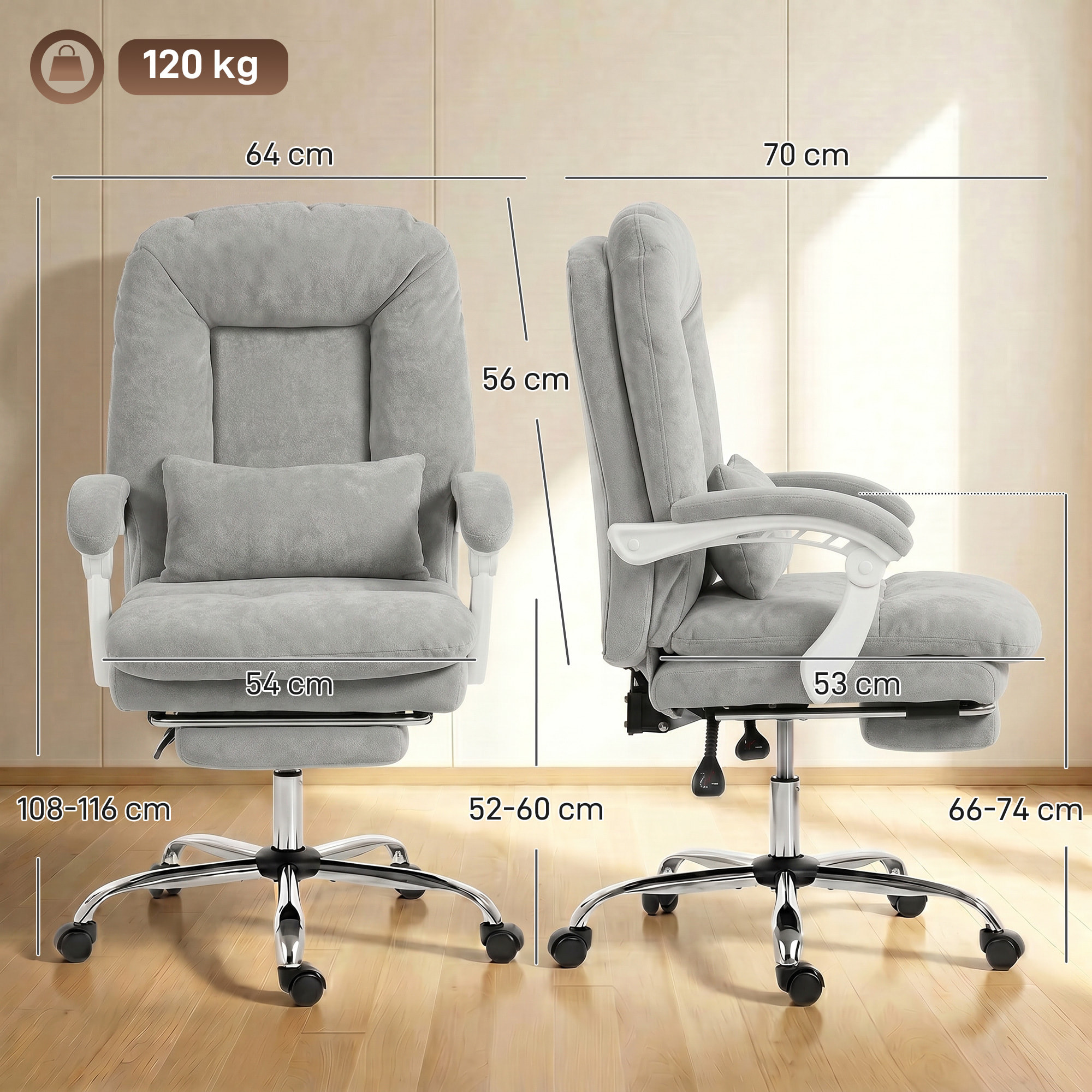 Fauteuil bureau manager inclinable repose-pieds rétractable velours gris clair