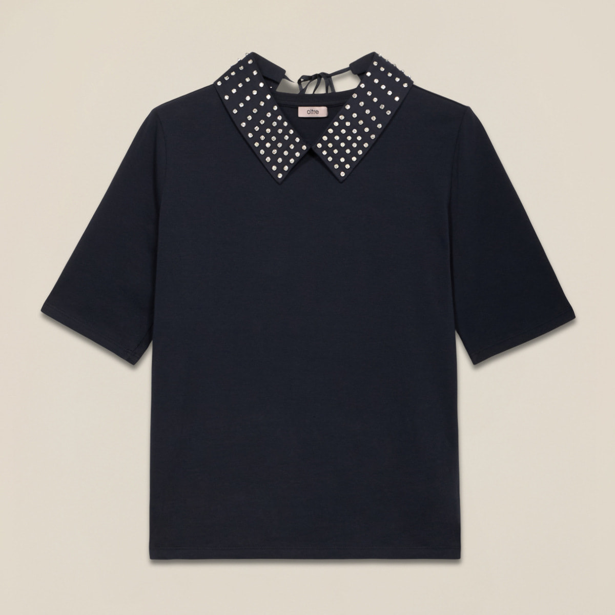 Oltre - T-shirt maniche corte con colletto gioiello - Blu