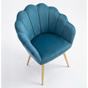 Poltrona in velluto design a conchiglia elegante e moderna, seduta imbottita confortevole con base in legno e gambe in metallo dorato, poltroncina versatile per soggiorno, camera o ufficio, stabile e resistente fino a 100 kg, stile raffinato e decorativo