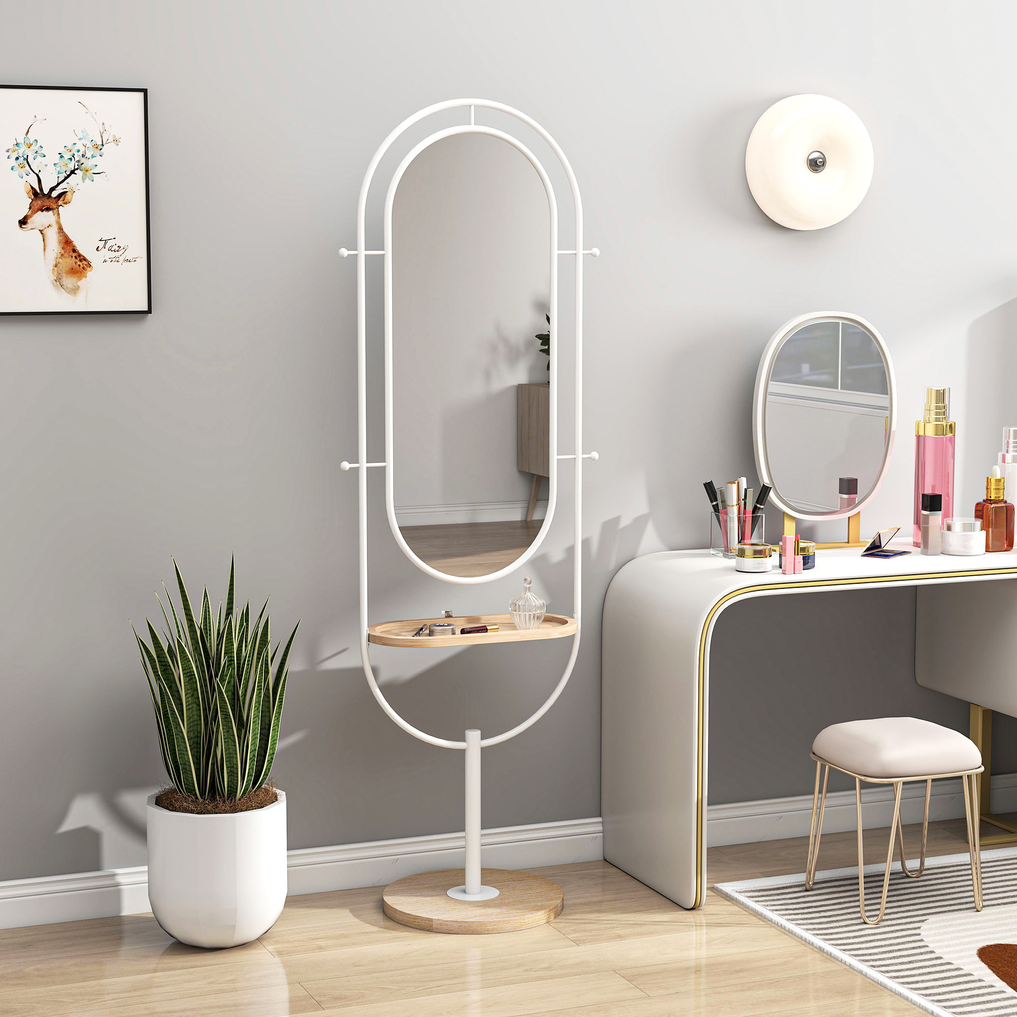 Espejo de Cuerpo Entero 175,5x50 cm Espejo de Pie con Bandeja de Madera 4 Ganchos y Marco de Metal para Salón Dormitorio Blanco