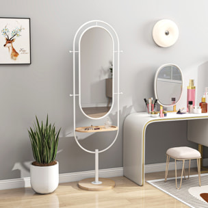 Espejo de Cuerpo Entero 175,5x50 cm Espejo de Pie con Bandeja de Madera 4 Ganchos y Marco de Metal para Salón Dormitorio Blanco