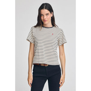 Camiseta de rayas azul marino y beige con monograma bordado