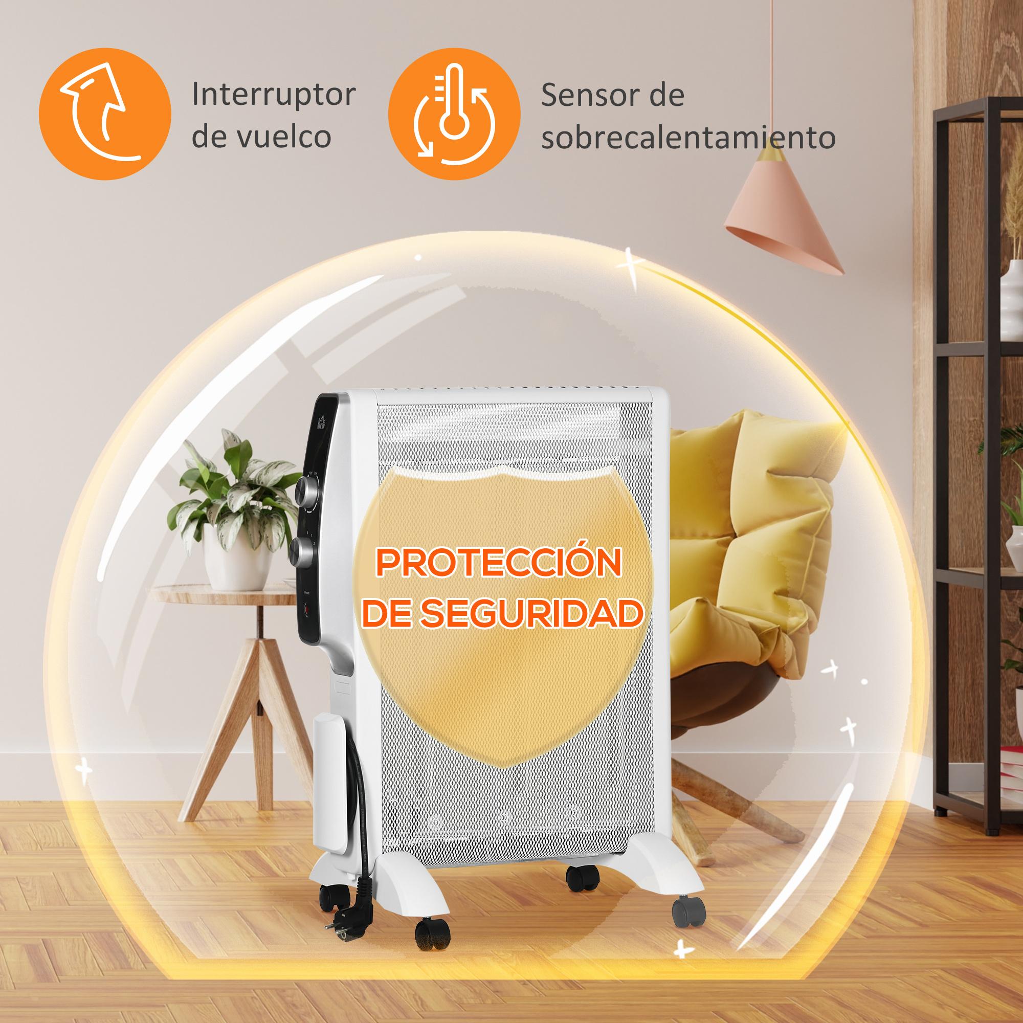 HOMCOM Calefactor Eléctrico 750W/1500W Radiador de Mica con 2 Niveles de Potencia Termostato Regulable y 4 Ruedas para Sala de 15-18 m² Silencioso 47x26,5x61,5 cm Blanco