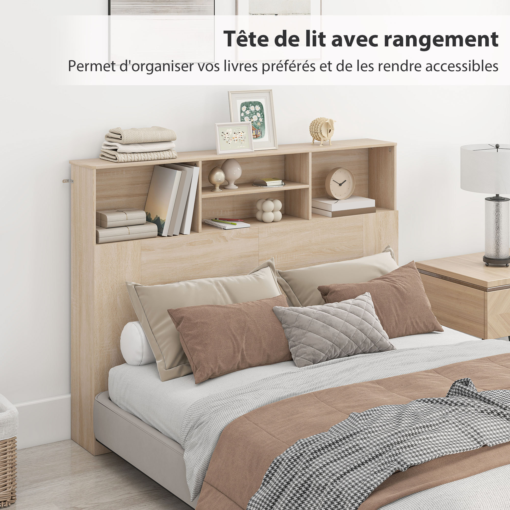 Tête de lit avec rangement - tête de lit bois 140 cm - 4 niches, grande étagère - naturel
