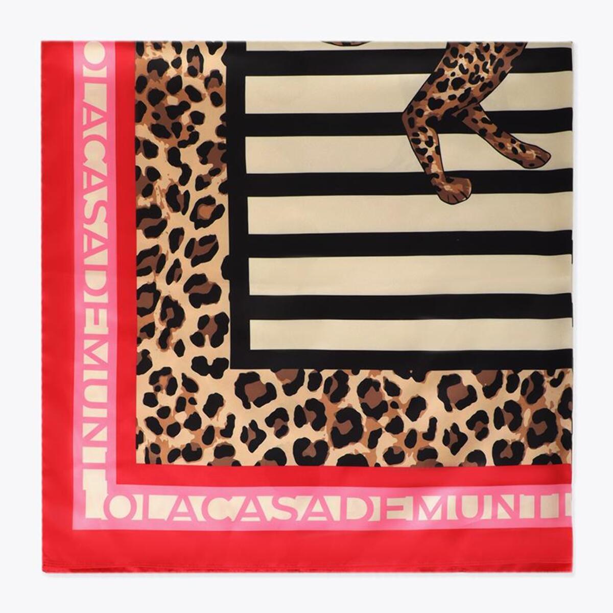 Sciarpa in raso con stampa combinata a righe e leopardo