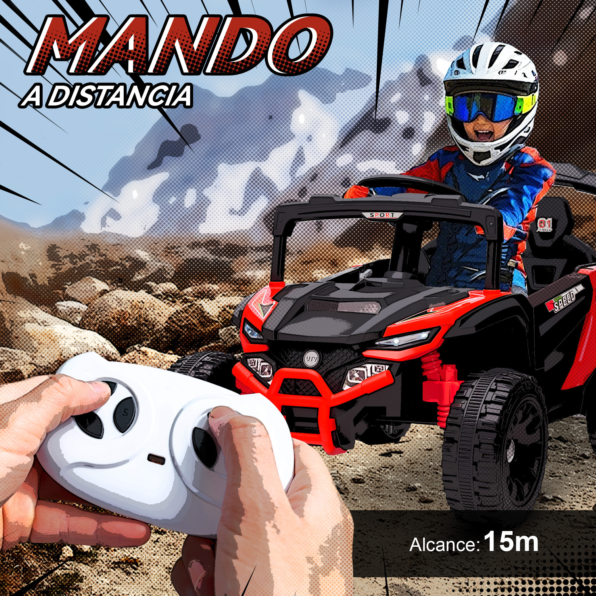 Coche Eléctrico para Niños 12V, Coche de Batería UTV con 2 Motores, Control Remoto 2,4G, 3-5 km/h, Suspensión Trasera, Faros, Música, para Niños de 3-5 Años, Rojo