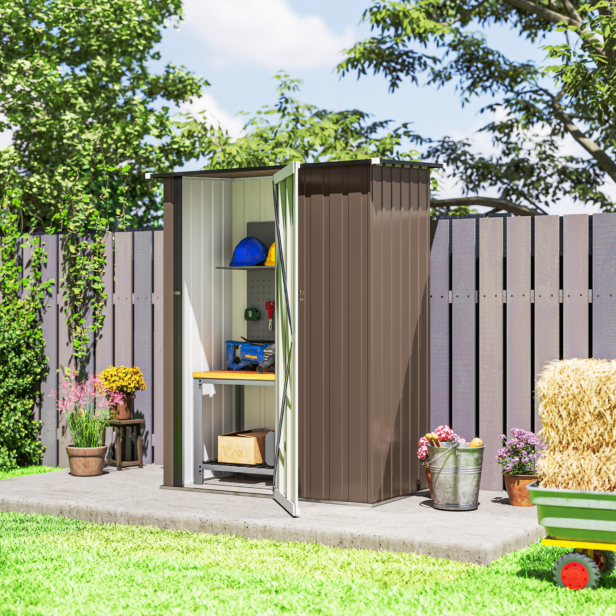 Caseta de Jardín 1,07 m² 142x86x189 cm Cobertizo Exterior Metálico con Puerta Cerradura y Orificios de Drenaje para Almacenamiento de Herramientas Marrón