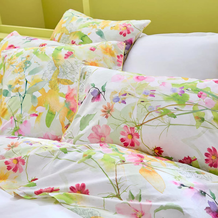 Drap plat percale de coton lavé 115 g/m² imprimé rose vert Souffle fleuri printemps