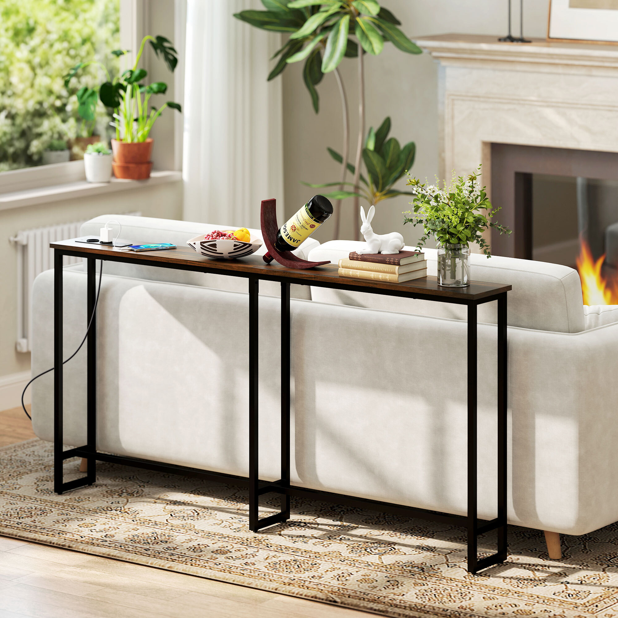 Mesa de Consola Estrecha 160 cm con Estación de Carga Consola de Recibidor Mesa de Sofá Marco de Acero Estilo Industrial para Pasillo Entrada Salón Dormitorio Marrón Rústico