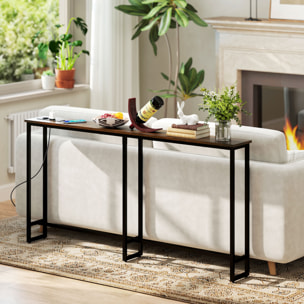 Mesa de Consola Estrecha 160 cm con Estación de Carga Consola de Recibidor Mesa de Sofá Marco de Acero Estilo Industrial para Pasillo Entrada Salón Dormitorio Marrón Rústico