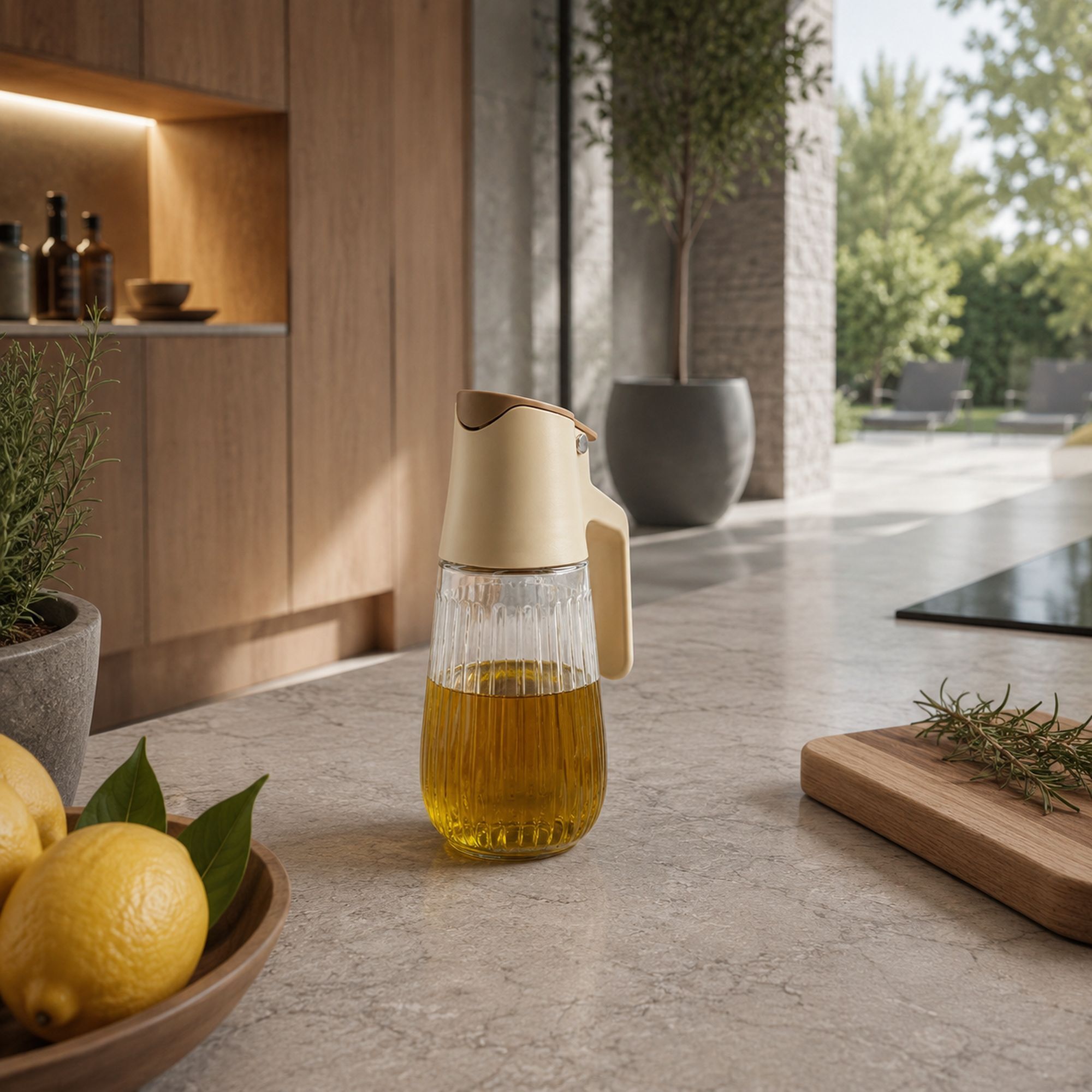Bouteille d'huile 58cl en polypropylène crème et verre