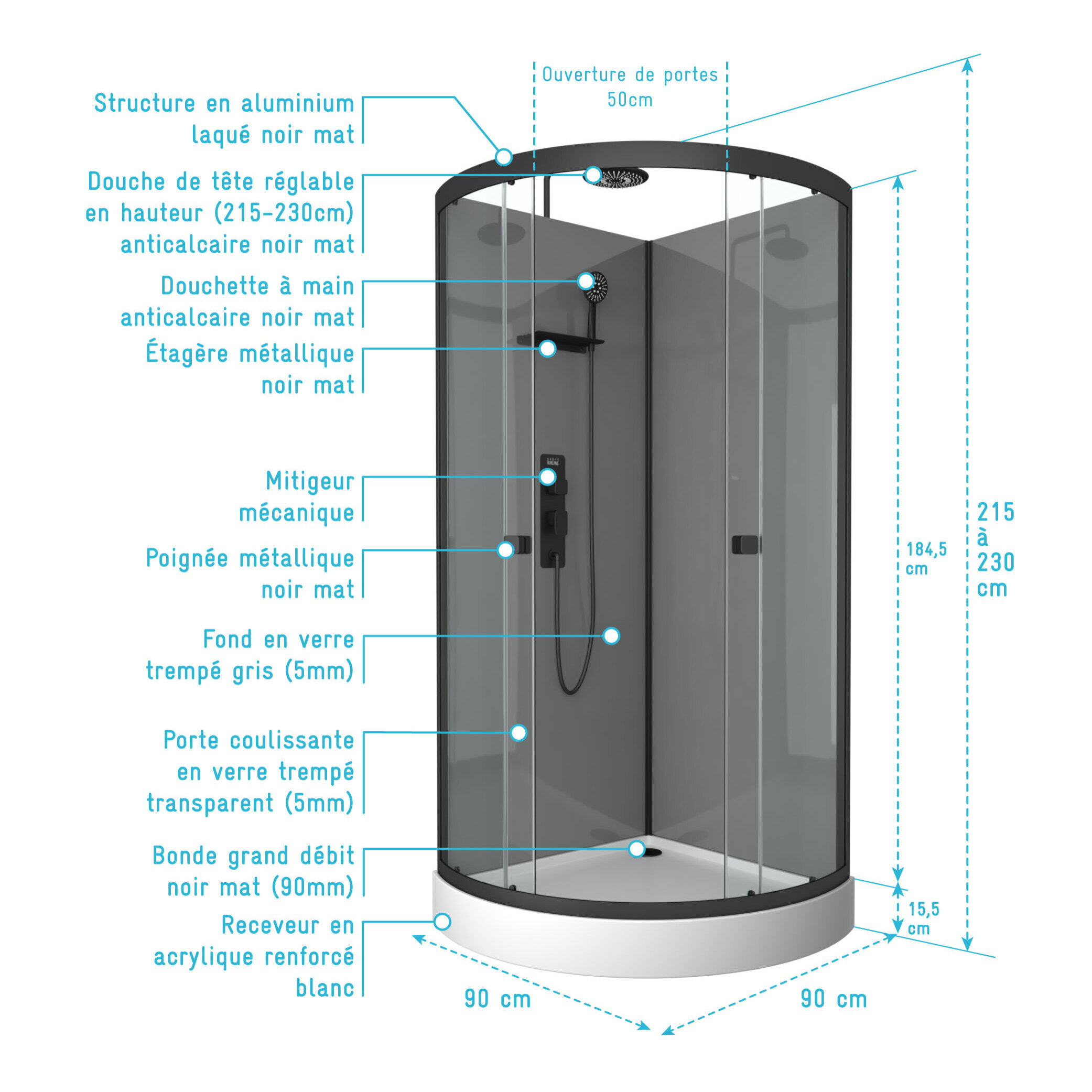 Cabine de douche 1/4 de cercle 90x90x215/230 cm - Fonds Gris Profilés Noir Mat - FOGGY