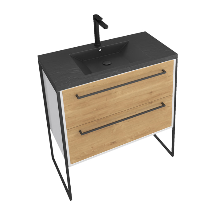 Meuble de salle de bain 80x50 cm + 2 tiroirs chêne naturel + vasque résine noir effet pierre