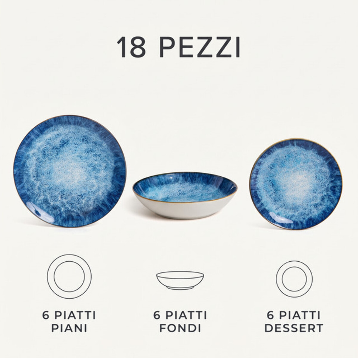 Servizio piatti 18 pezzi effetto minerale in porcellana - Blu Oceano