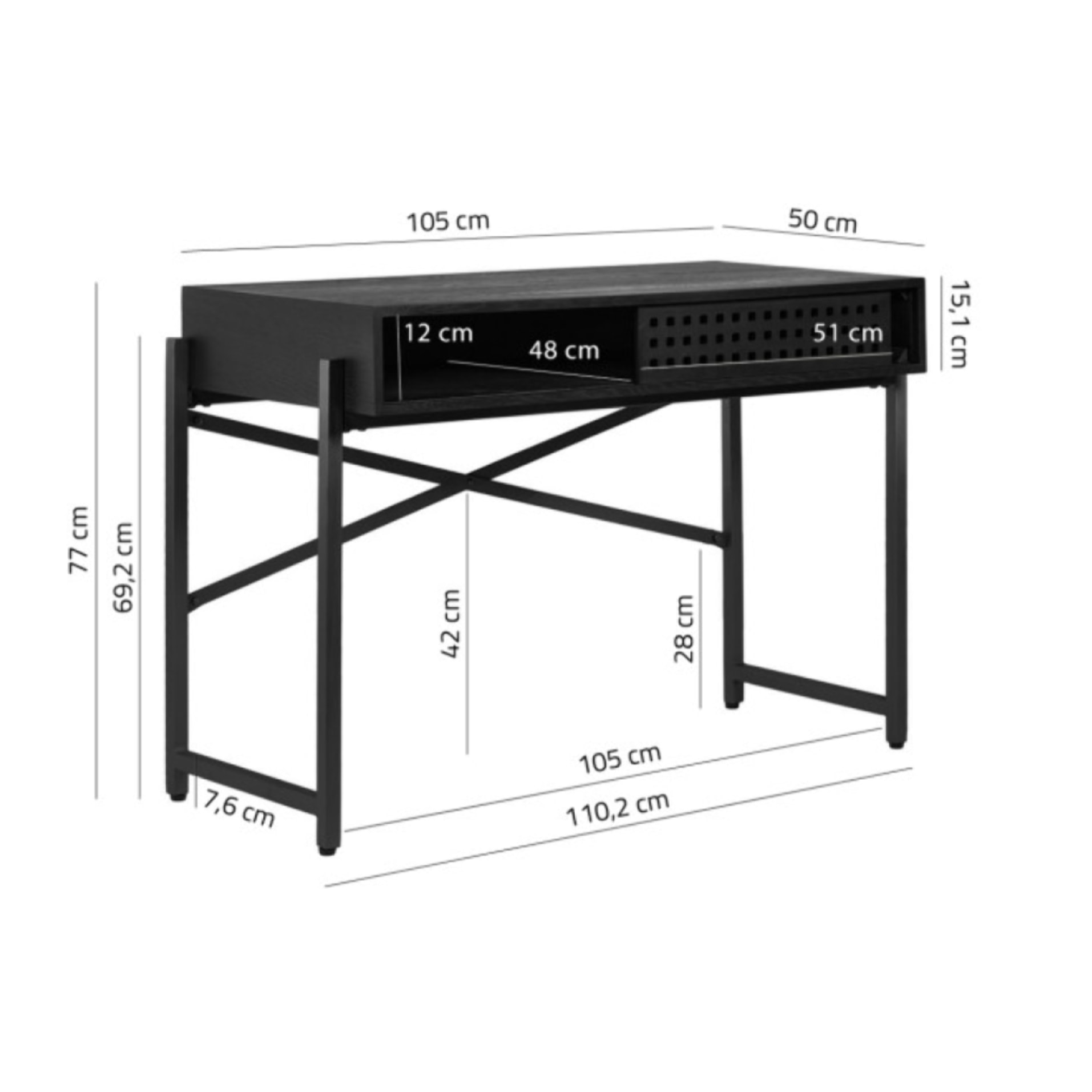 Console avec caisson à porte coulissante ajourée et pieds en métal - Noir - MALIA