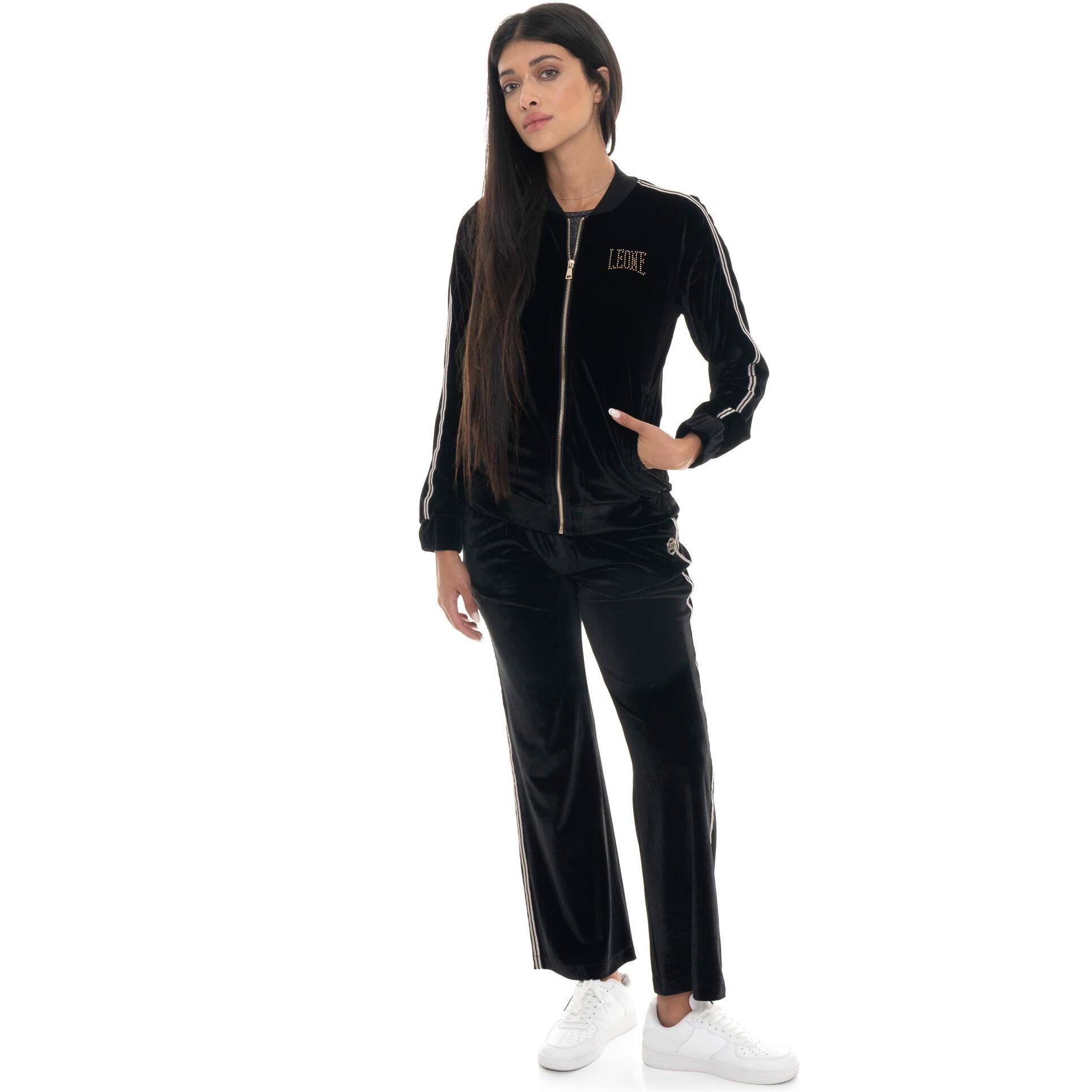 Tuta in ciniglia da donna con zip, pantalone a palazzo Leone 1947 Gold Studs